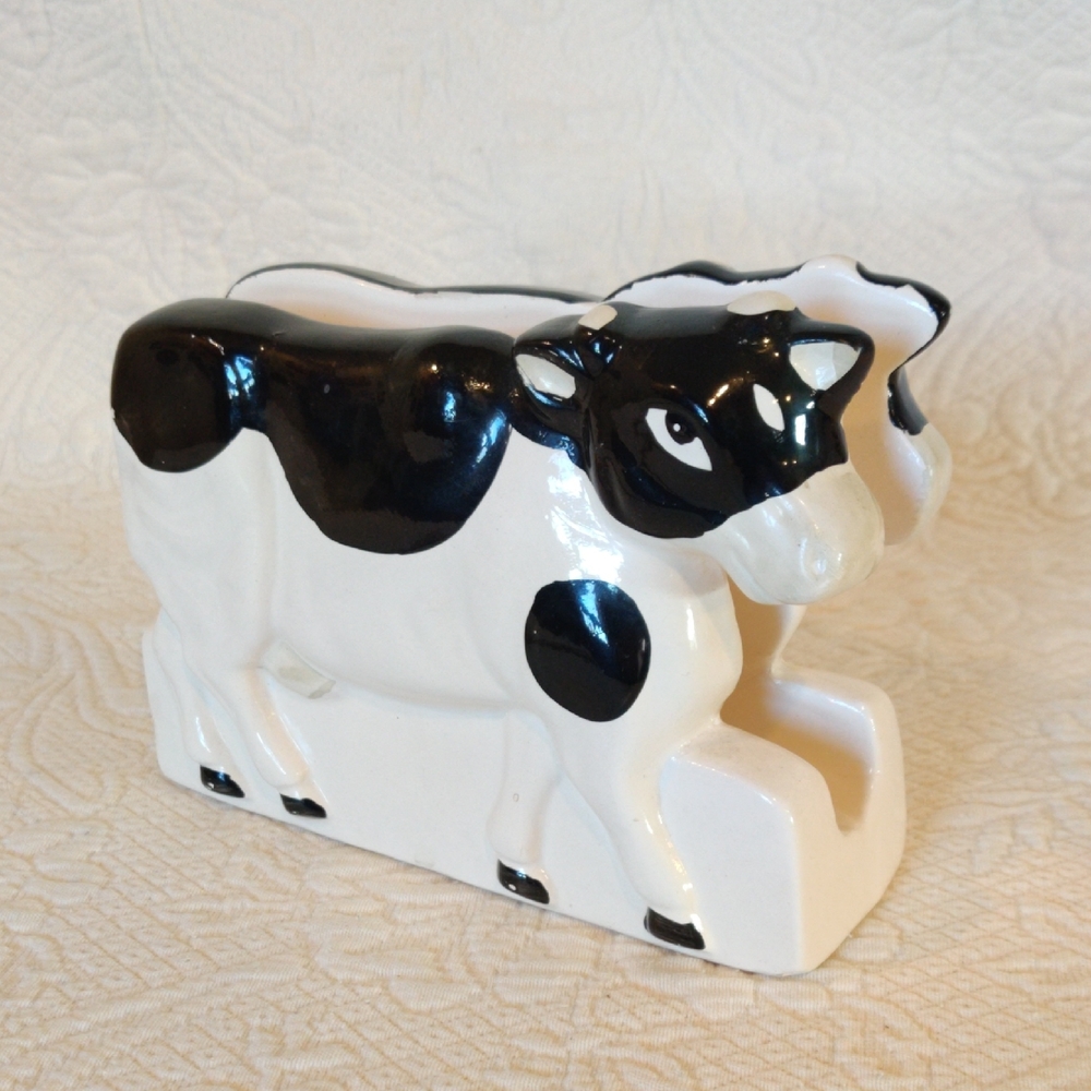 Loomco Vintage 1994 Black And White Hand Painted Milking Farm Cow Napkin Holder